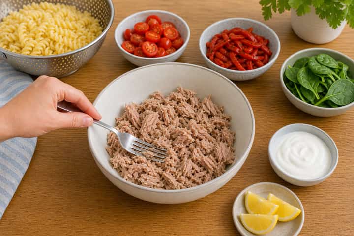 Tuna Pepper Pasta Salad cooking step 3: Build the flavour.