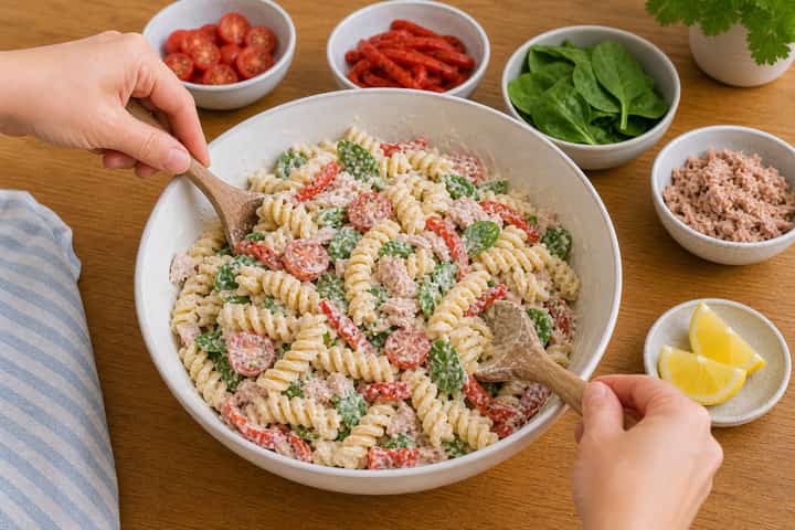 Tuna Pepper Pasta Salad cooking step 4: Bring it together.