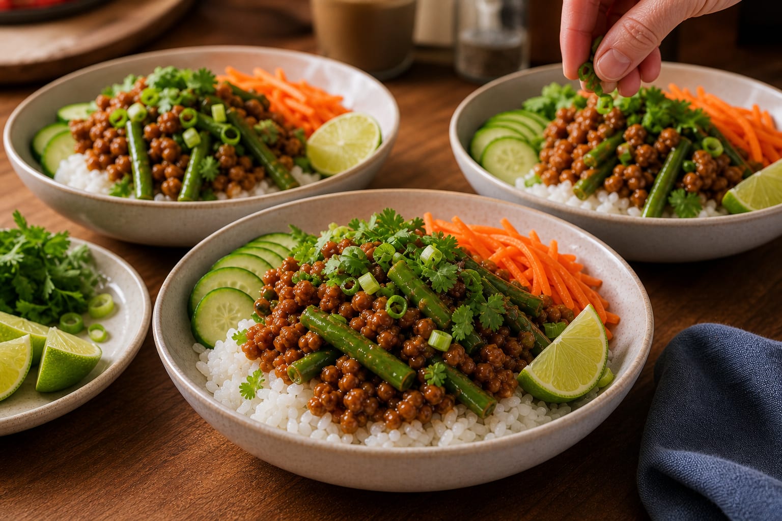 Caramel Turkey Rice Bowls cooking step 6: Serve the bowls.