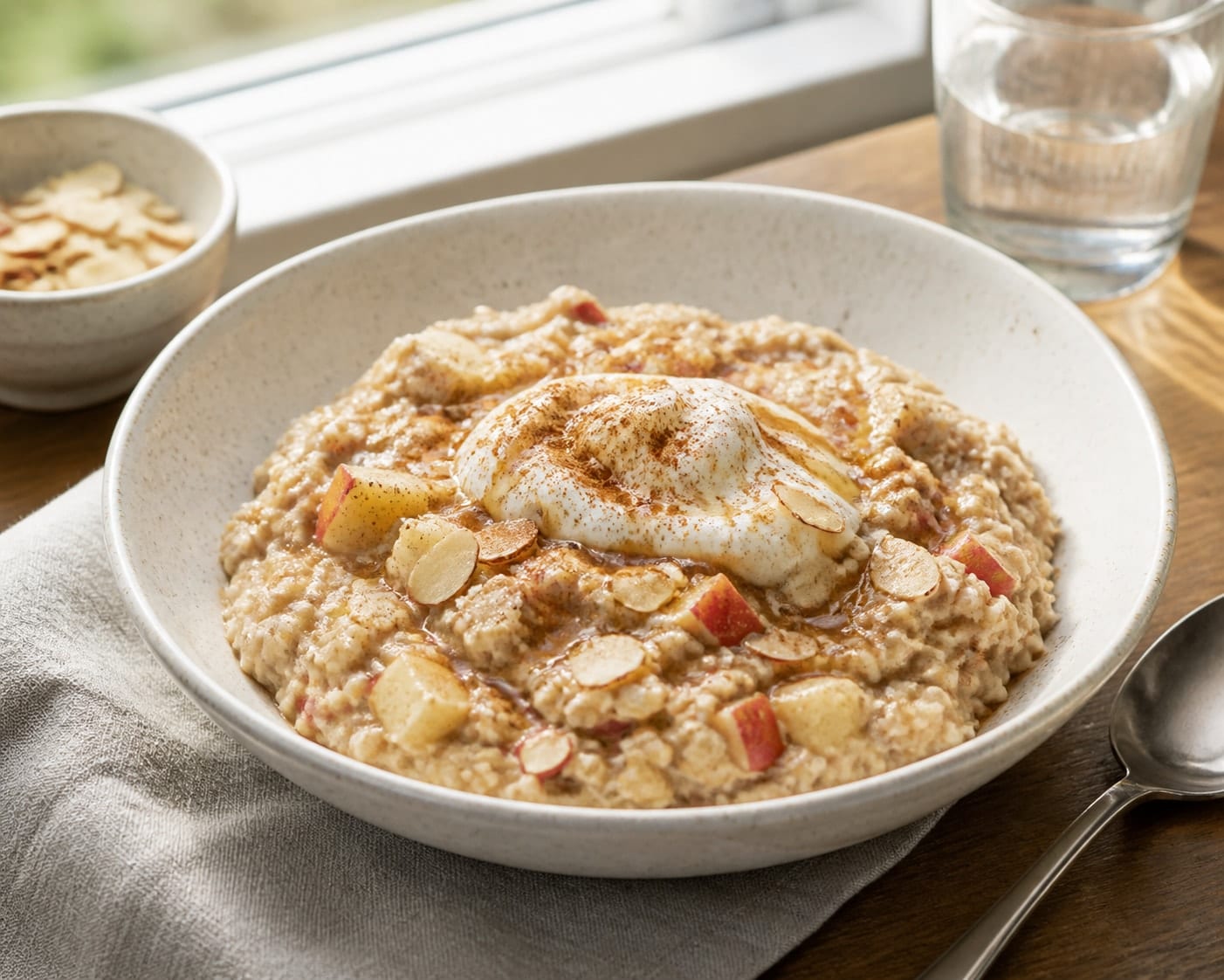 Apple Cinnamon Almond Porridge in breakfast bowls with fruit and flaked almonds.