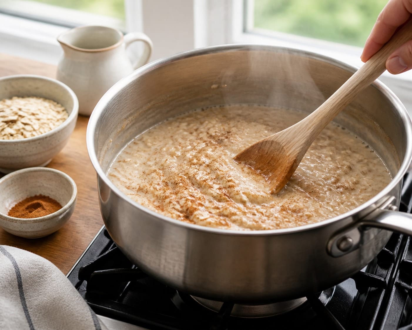 Fragrant Apple Cinnamon Almond Porridge with Yoghurt cooking guide image for simmer the oats.
