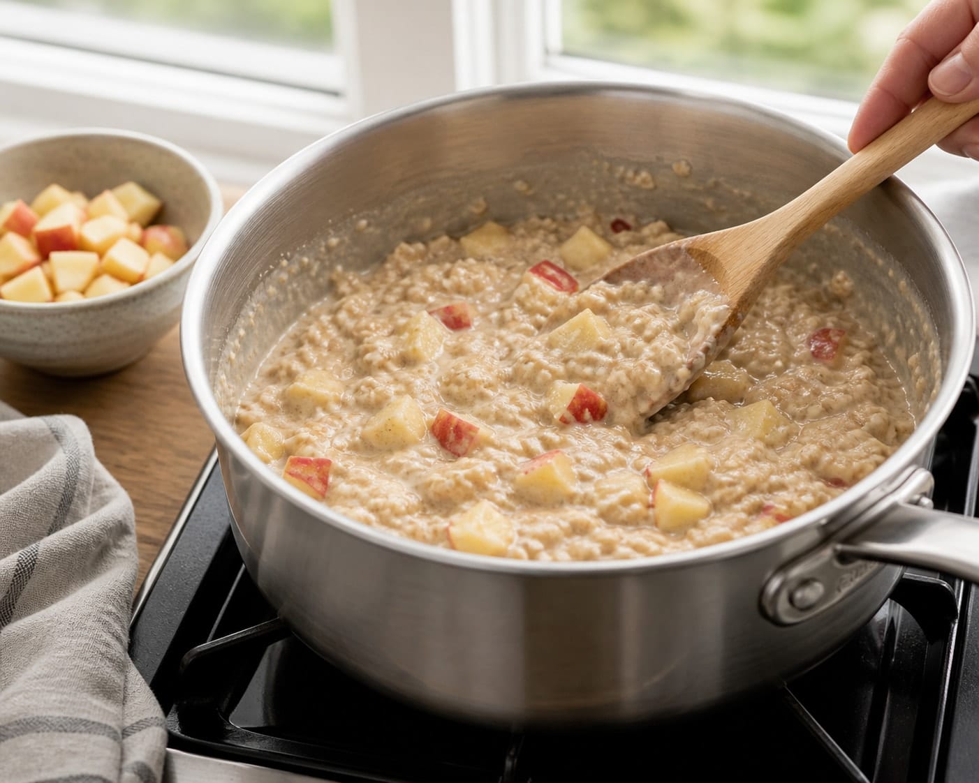 Fragrant Apple Cinnamon Almond Porridge with Yoghurt cooking guide image for warm the fruit.