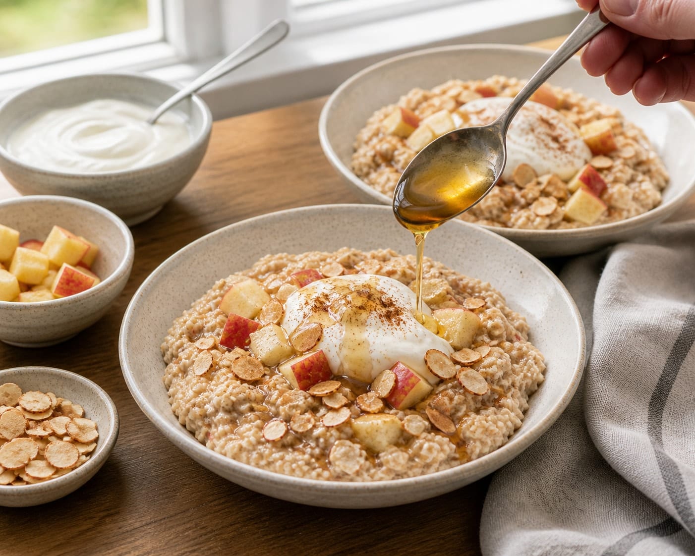 Fragrant Apple Cinnamon Almond Porridge with Yoghurt cooking guide image for finish the bowls.