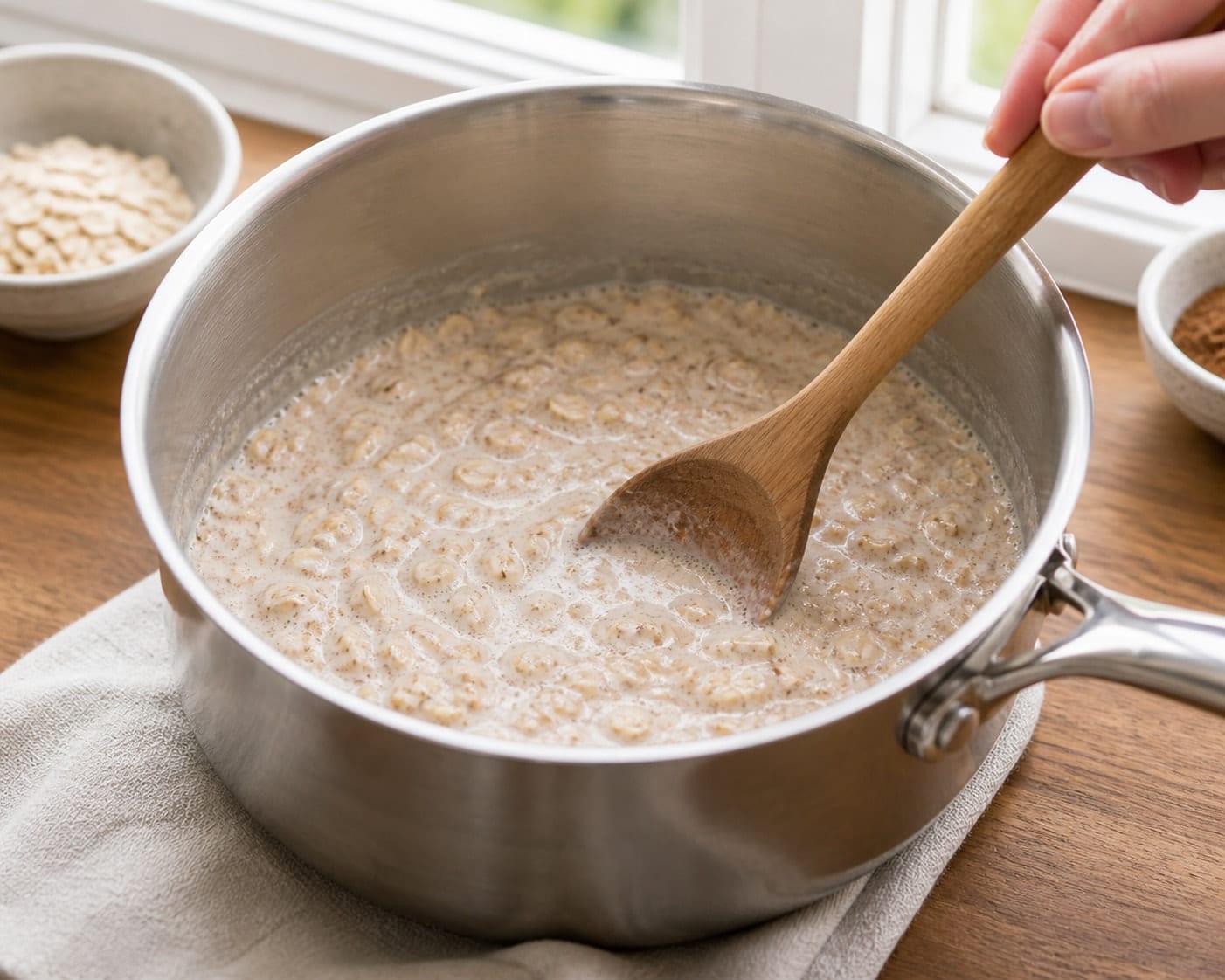 Fragrant Apple Cinnamon Chia Porridge with Yoghurt cooking guide image for simmer the oats.