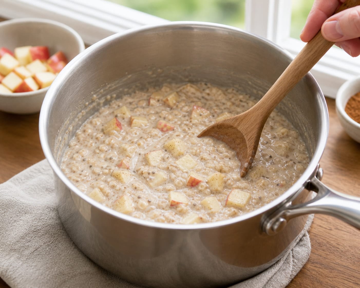 Fragrant Apple Cinnamon Chia Porridge with Yoghurt cooking guide image for warm the fruit.