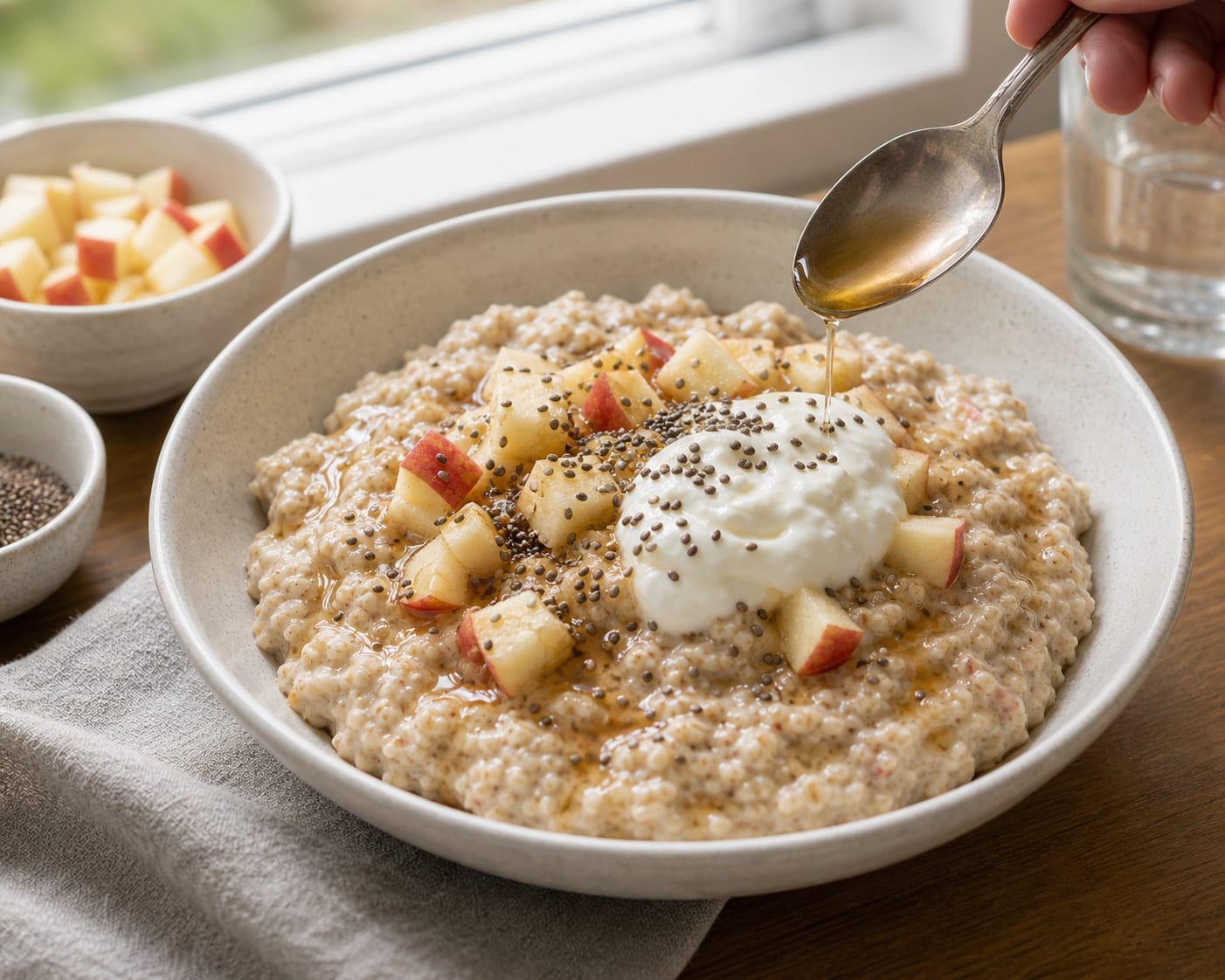Fragrant Apple Cinnamon Chia Porridge with Yoghurt cooking guide image for finish the bowls.
