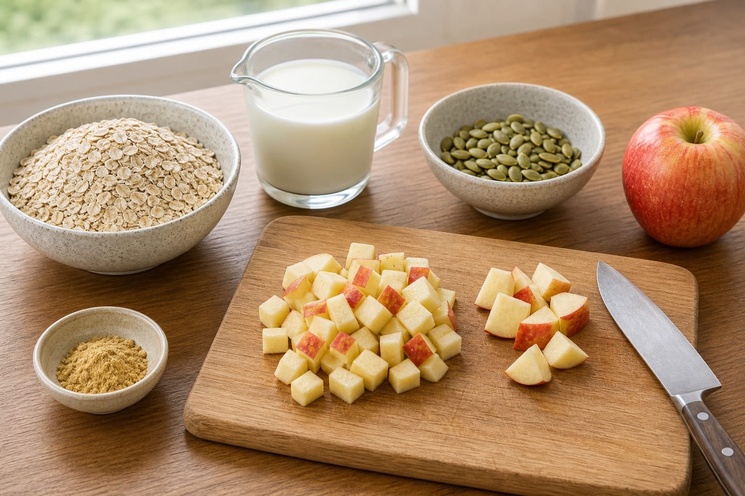 Fragrant Apple Ginger Pumpkin Seed Porridge with Yoghurt cooking guide image for prepare the fruit.