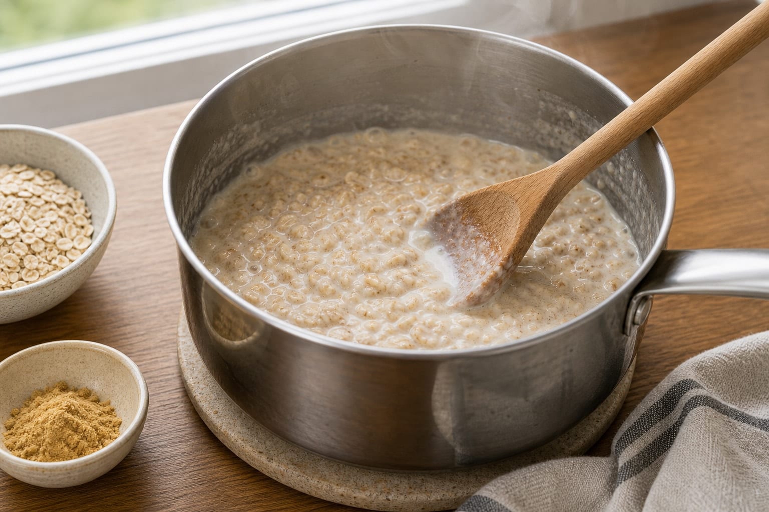 Fragrant Apple Ginger Pumpkin Seed Porridge with Yoghurt cooking guide image for simmer the oats.