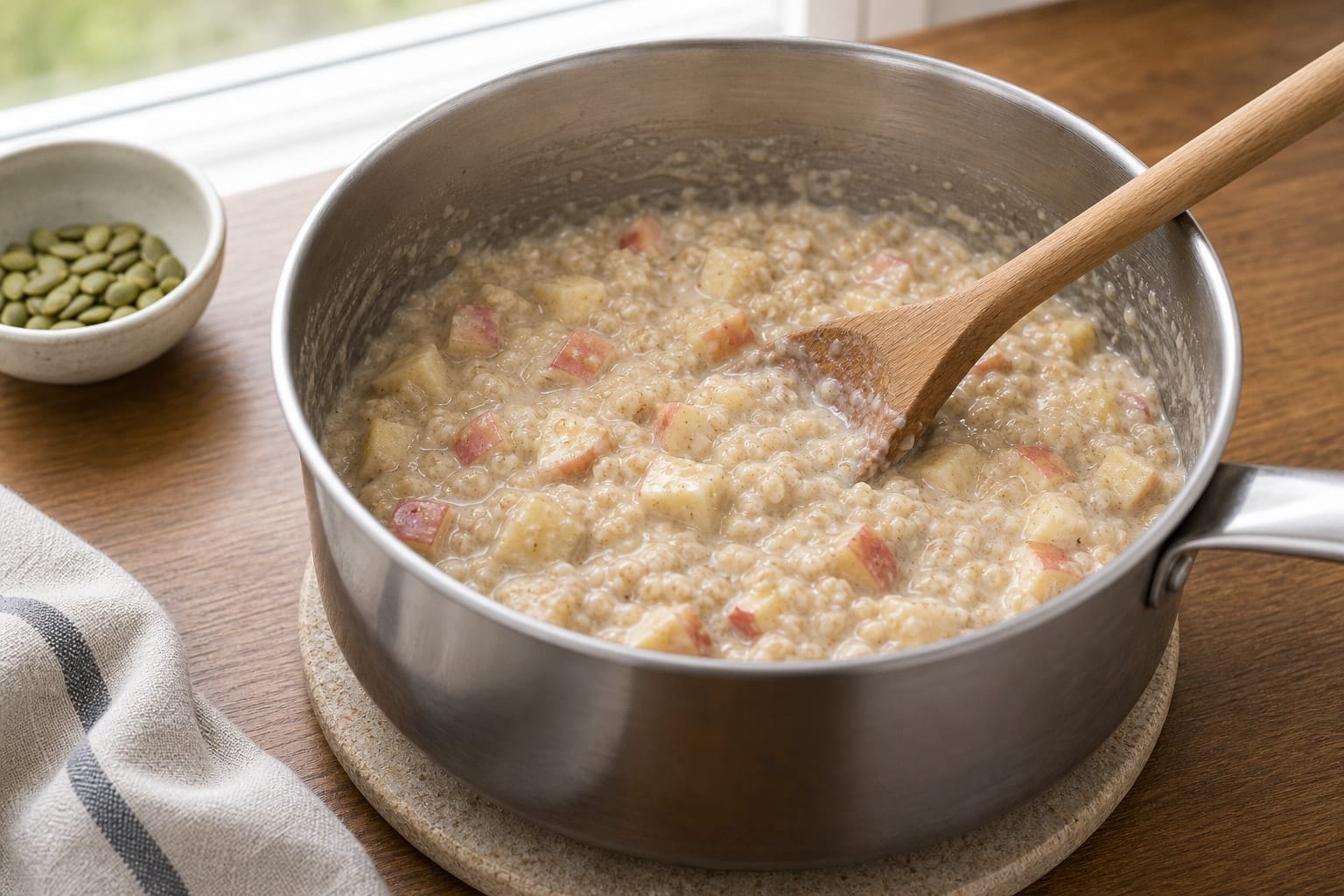Fragrant Apple Ginger Pumpkin Seed Porridge with Yoghurt cooking guide image for warm the fruit.
