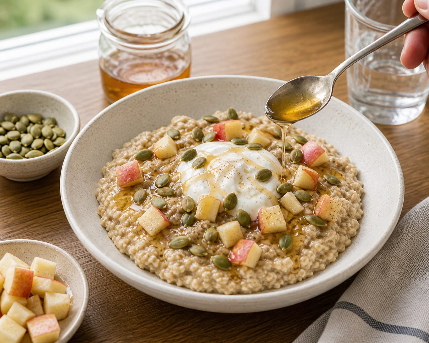 Fragrant Apple Ginger Pumpkin Seed Porridge with Yoghurt cooking guide image for finish the bowls.