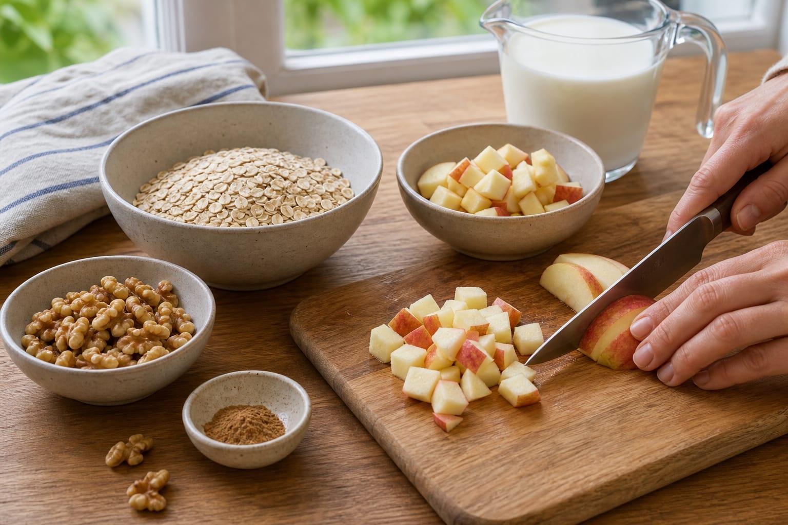 Fragrant Apple Ginger Walnut Porridge with Yoghurt cooking guide image for prepare the fruit.