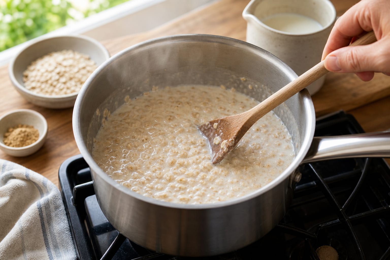 Fragrant Apple Ginger Walnut Porridge with Yoghurt cooking guide image for simmer the oats.