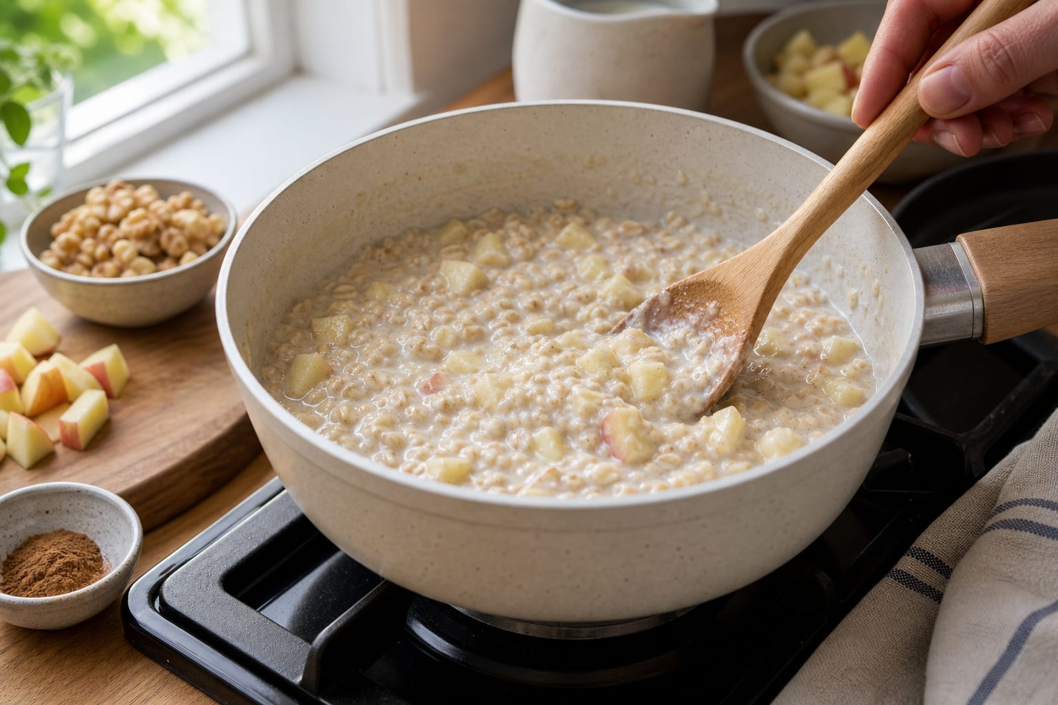Fragrant Apple Ginger Walnut Porridge with Yoghurt cooking guide image for warm the fruit.