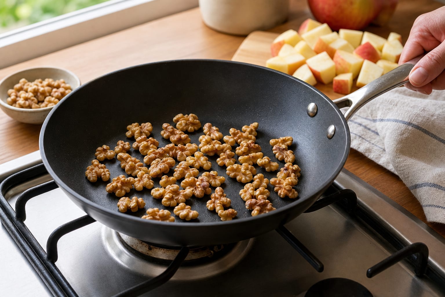 Fragrant Apple Ginger Walnut Porridge with Yoghurt cooking guide image for toast the topping.