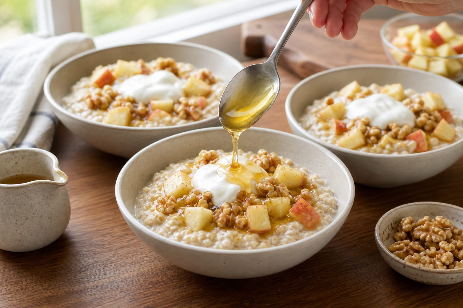 Fragrant Apple Ginger Walnut Porridge with Yoghurt cooking guide image for finish the bowls.