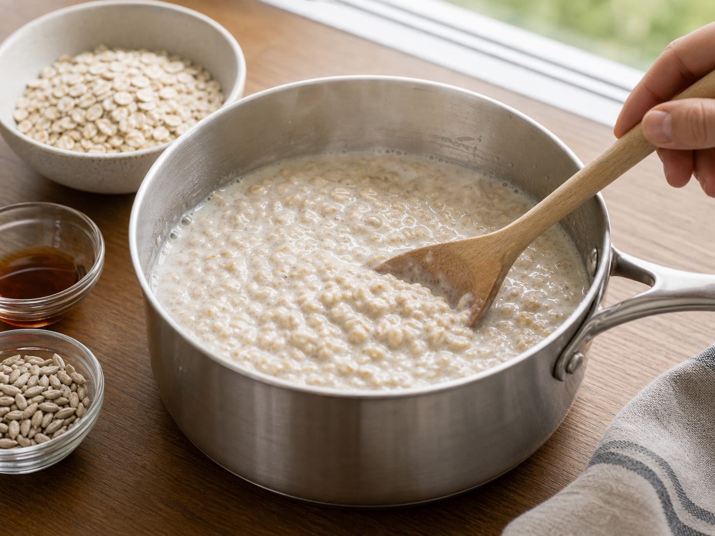 Warming Apple Vanilla Sunflower Seed Porridge with Yoghurt cooking step 2: Simmer the oats.