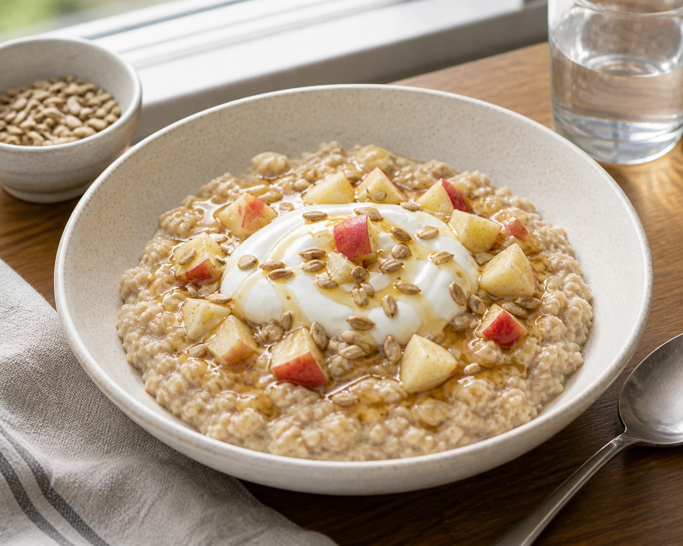 Warming Apple Vanilla Sunflower Seed Porridge with Yoghurt cooking step 5: Finish the bowls.