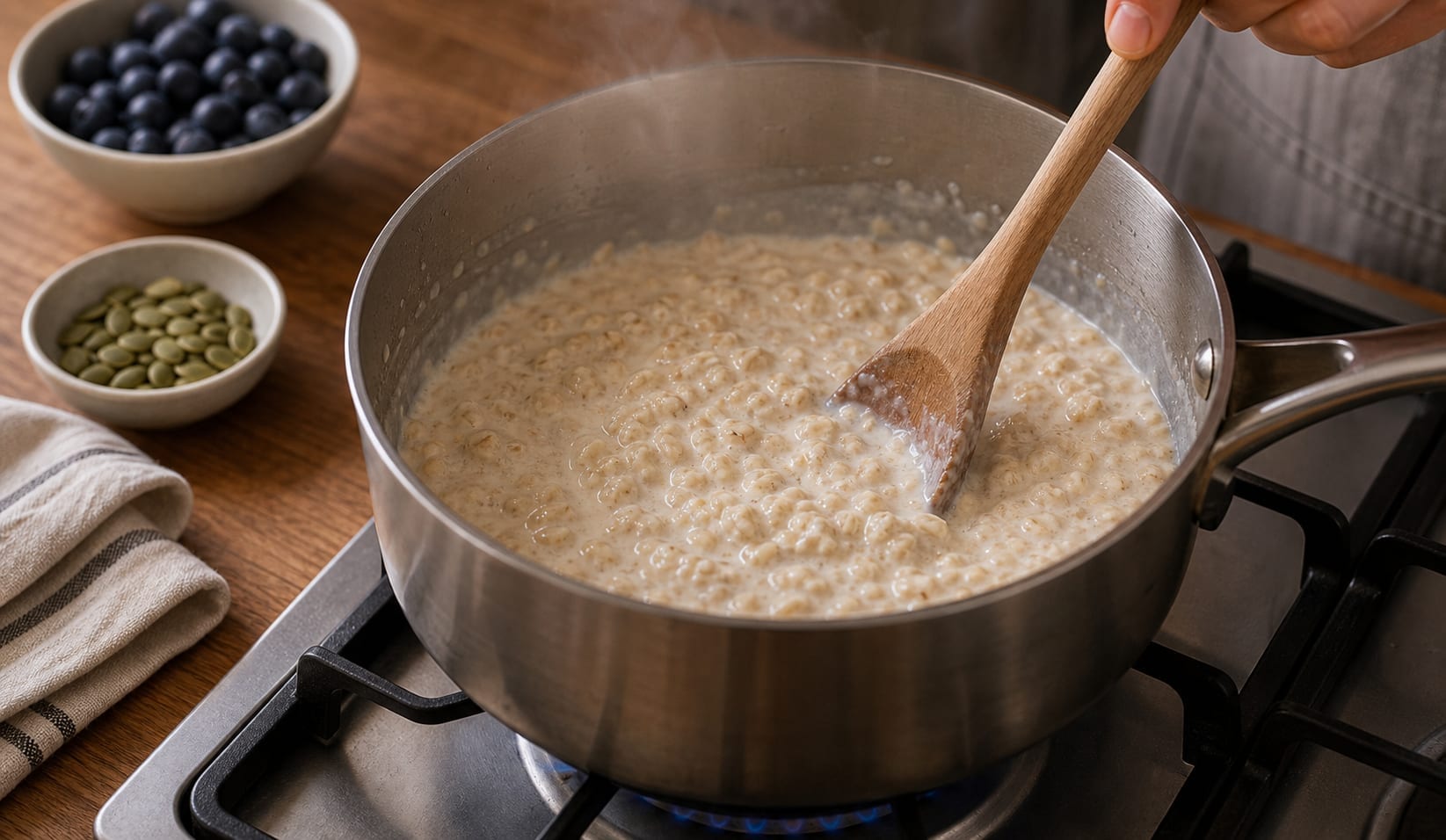 Blueberry Vanilla Pumpkin Seed Porridge cooking step 2: Simmer the oats.