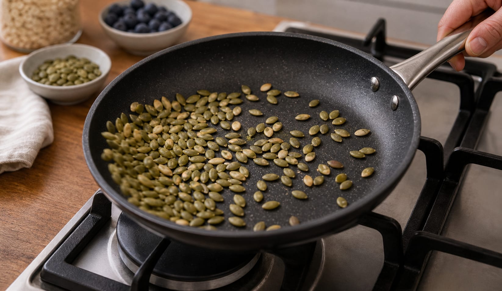 Blueberry Vanilla Pumpkin Seed Porridge cooking step 4: Toast the topping.