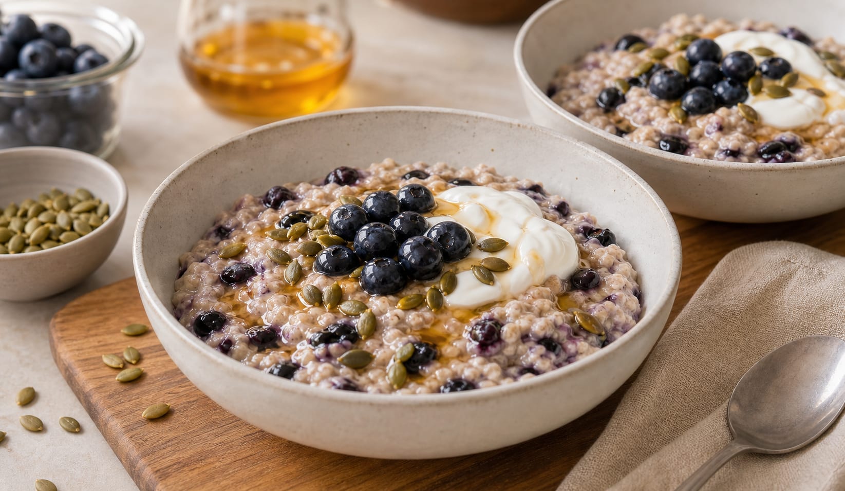 Blueberry Vanilla Pumpkin Seed Porridge cooking step 5: Finish the bowls.