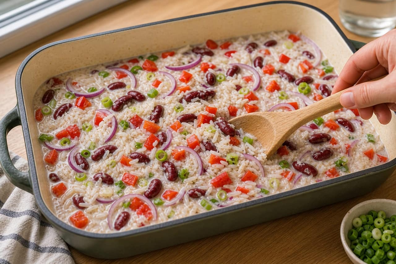 Caribbean-Style Jerk Chicken Rice Traybake cooking step 3: Start the coconut rice.