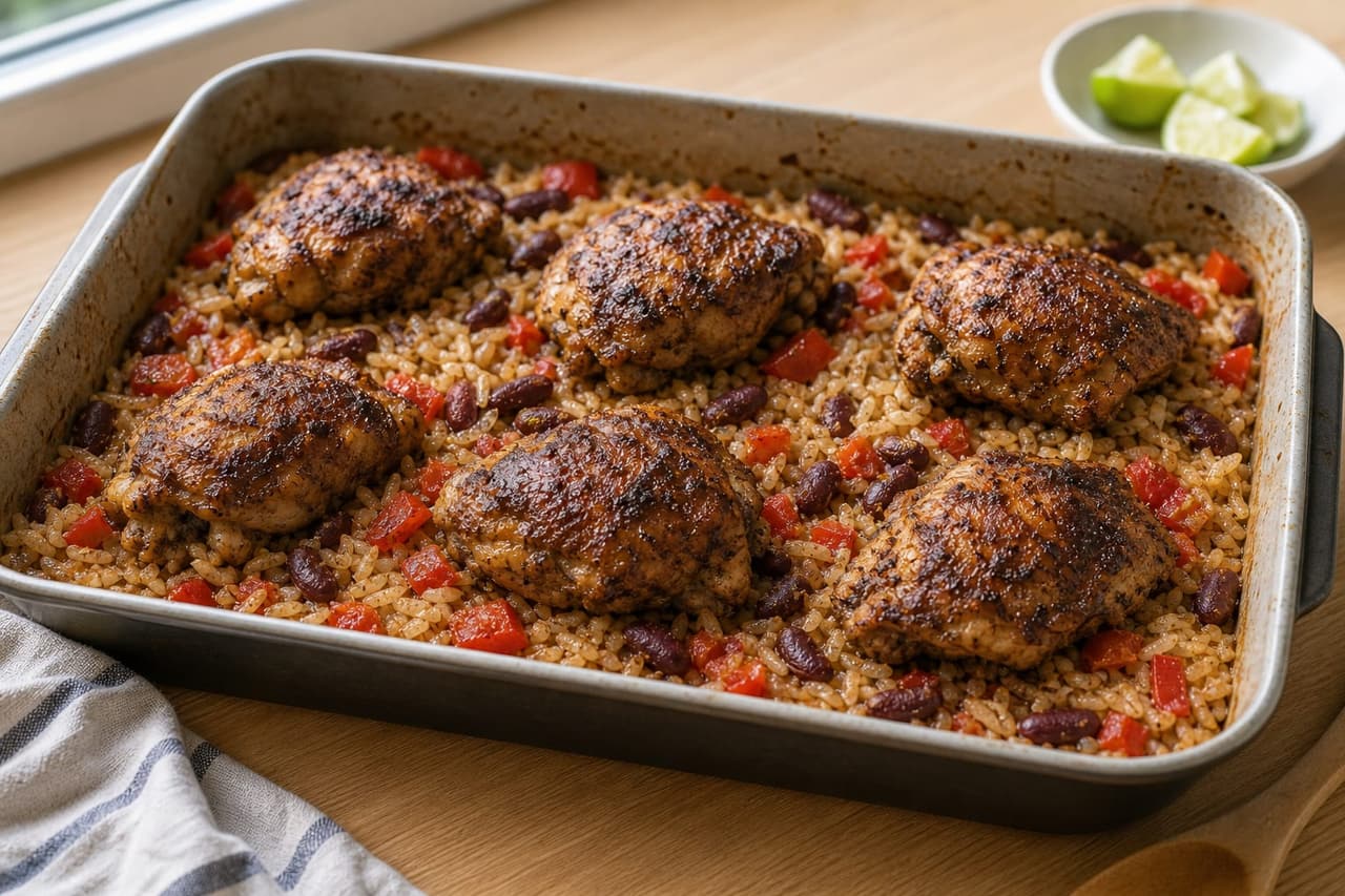 Caribbean-Style Jerk Chicken Rice Traybake cooking step 4: Bake the chicken on the rice.
