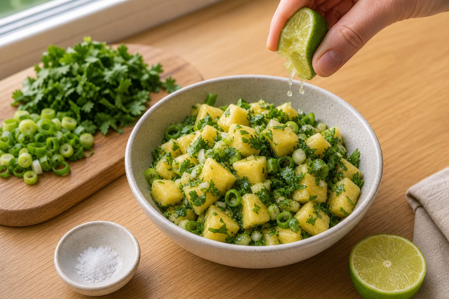 Caribbean-Style Jerk Chicken Rice Traybake cooking step 5: Mix the pineapple salsa.
