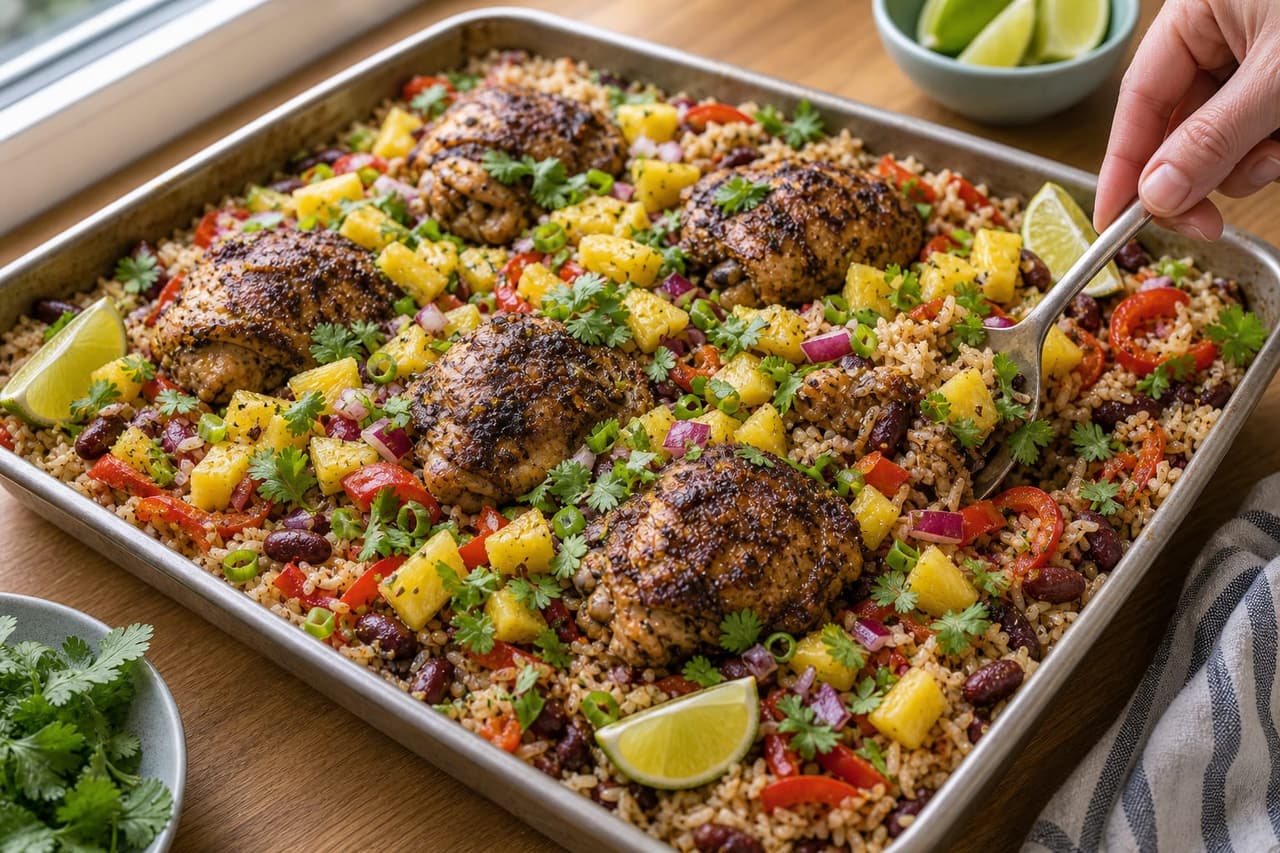 Caribbean-Style Jerk Chicken Rice Traybake cooking step 6: Serve with pineapple and herbs.