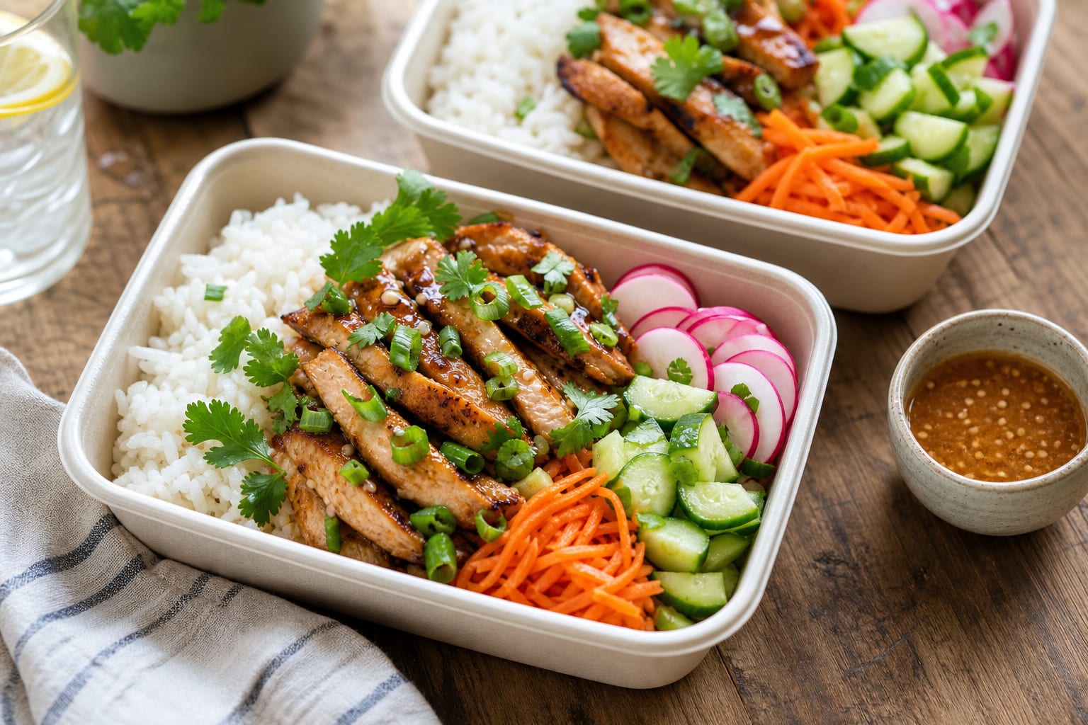 Chicken Banh Mi Rice Salad Boxes plated and ready to serve.