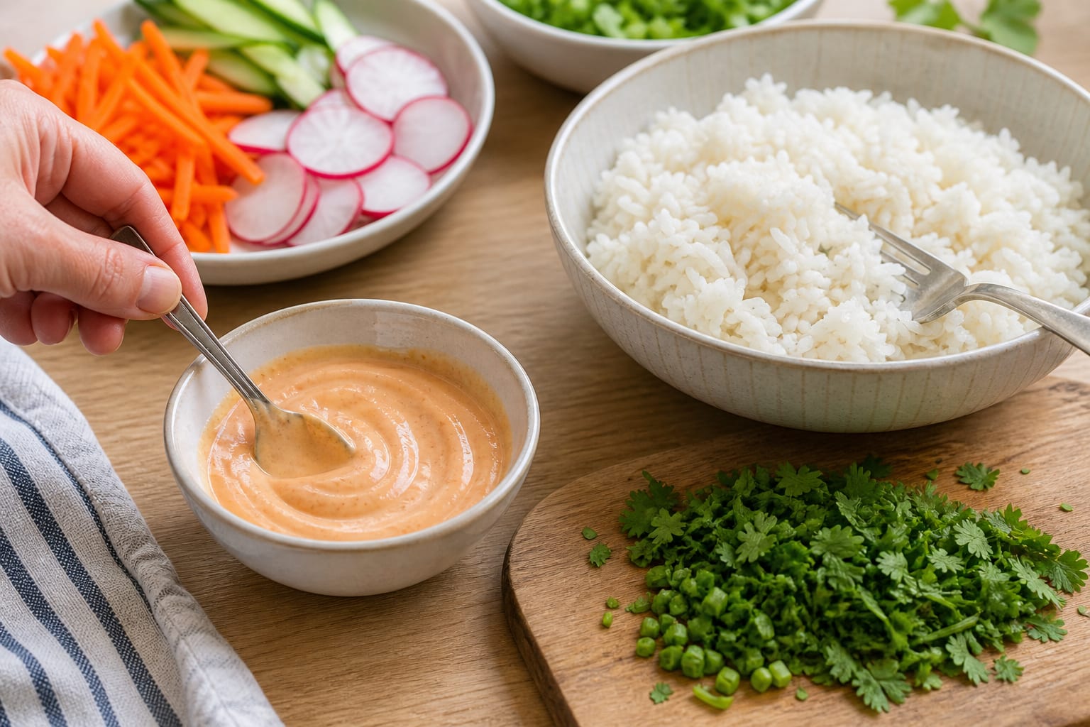 Chicken Banh Mi Rice Salad Boxes cooking step 5: Mix the sauce.