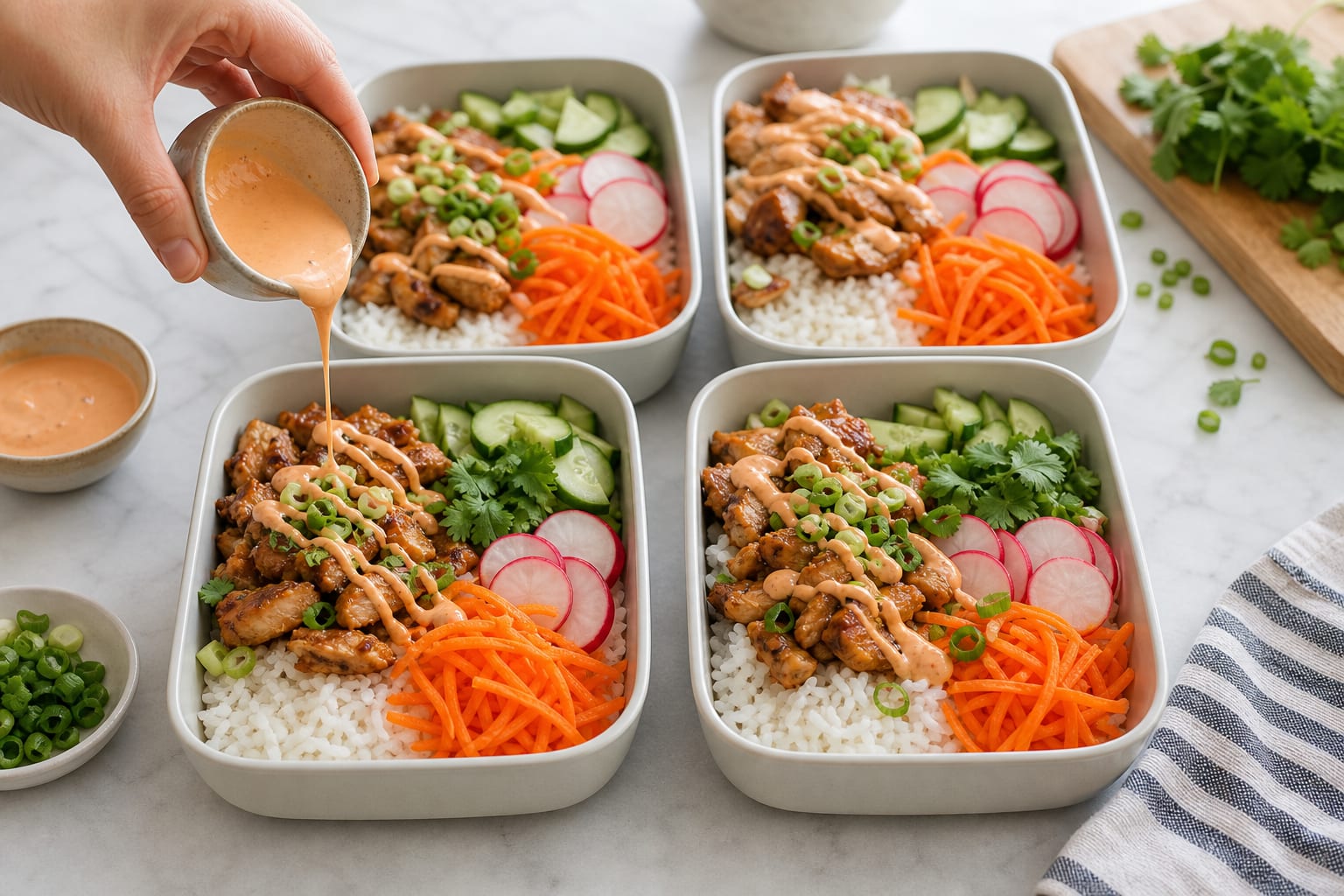 Chicken Banh Mi Rice Salad Boxes cooking step 6: Assemble the boxes.