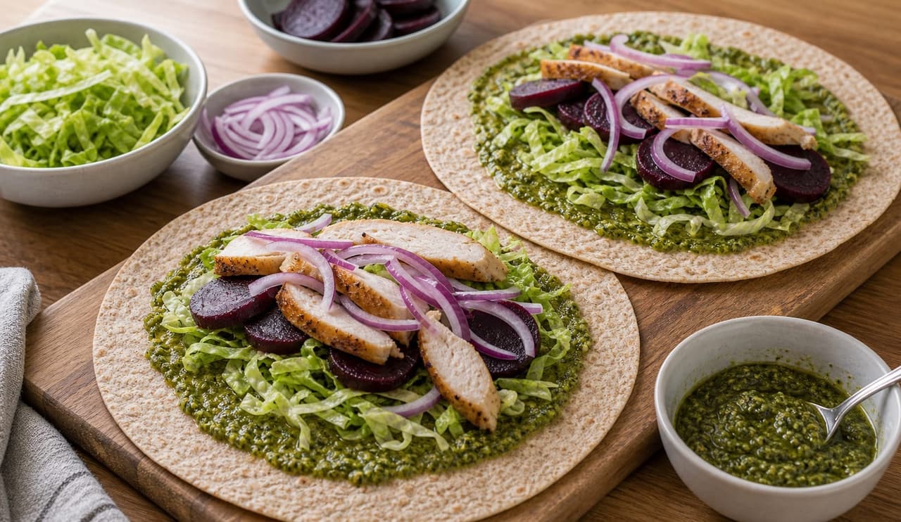 Chicken Beetroot Pesto Wraps cooking step 4: Fill the wraps.