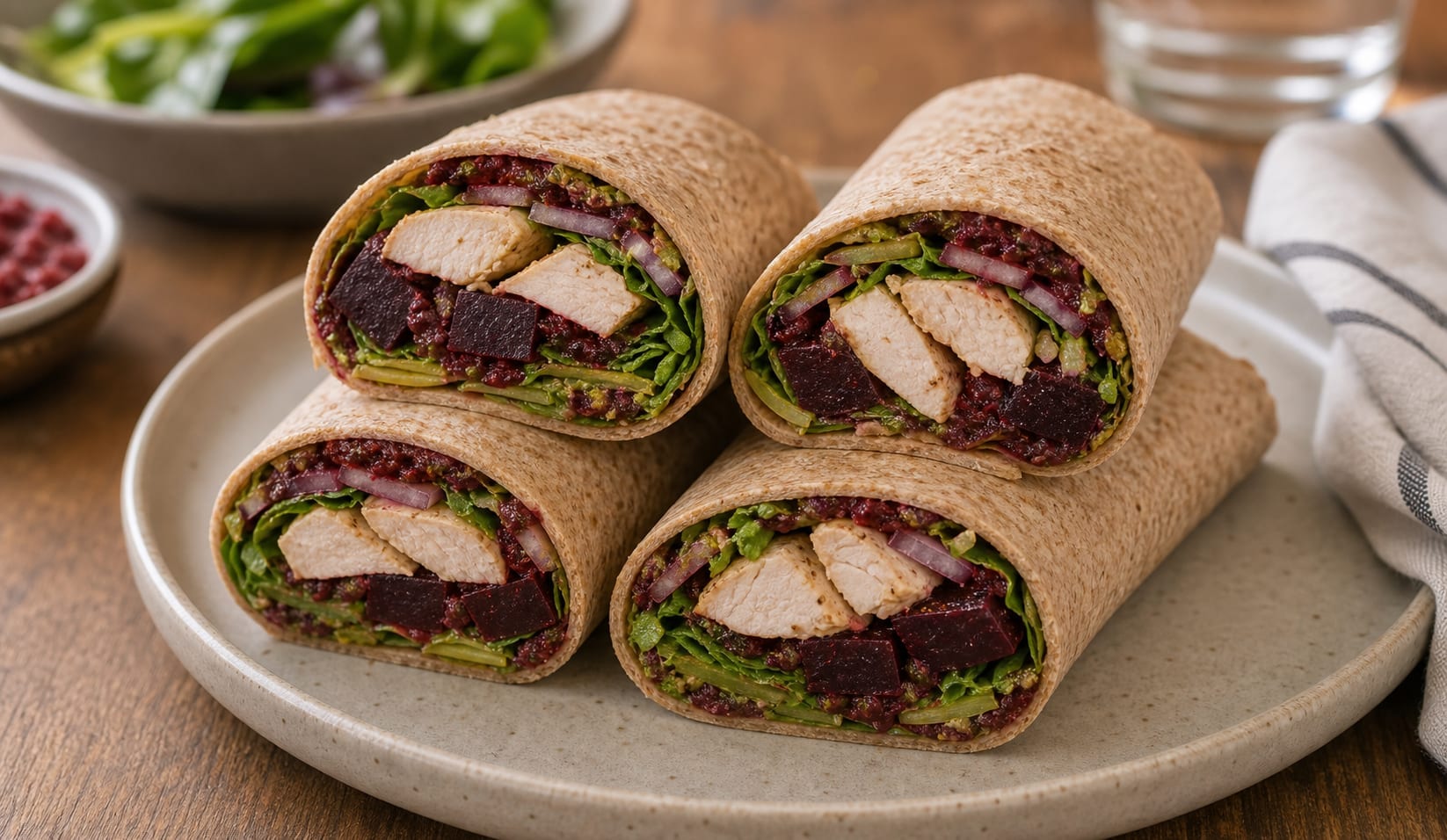 Chicken Beetroot Pesto Wraps cooking step 5: Roll and pack.