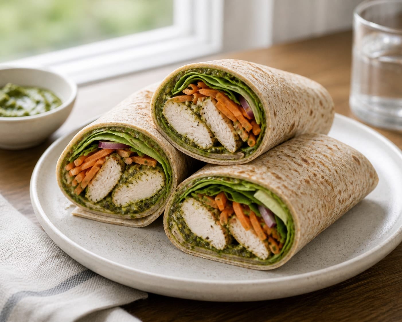 Herby Chicken Carrot Wraps with Pesto plated and ready to serve.