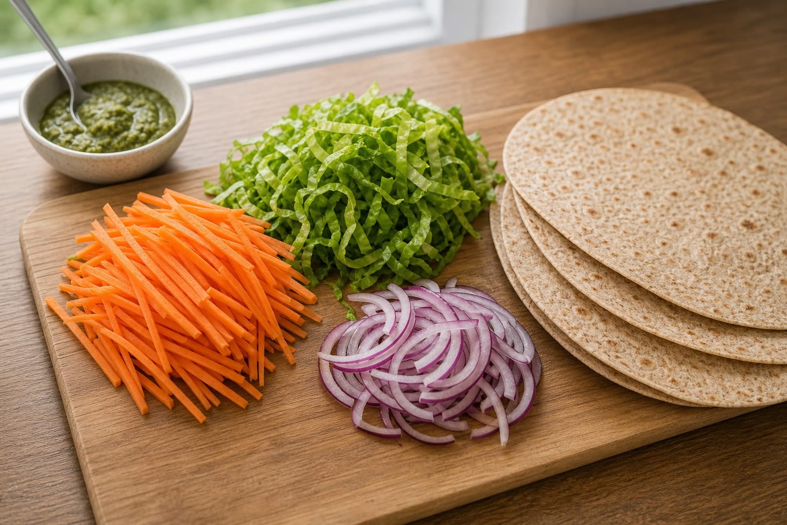 Herby Chicken Carrot Wraps with Pesto cooking step 1: Prepare the vegetables.