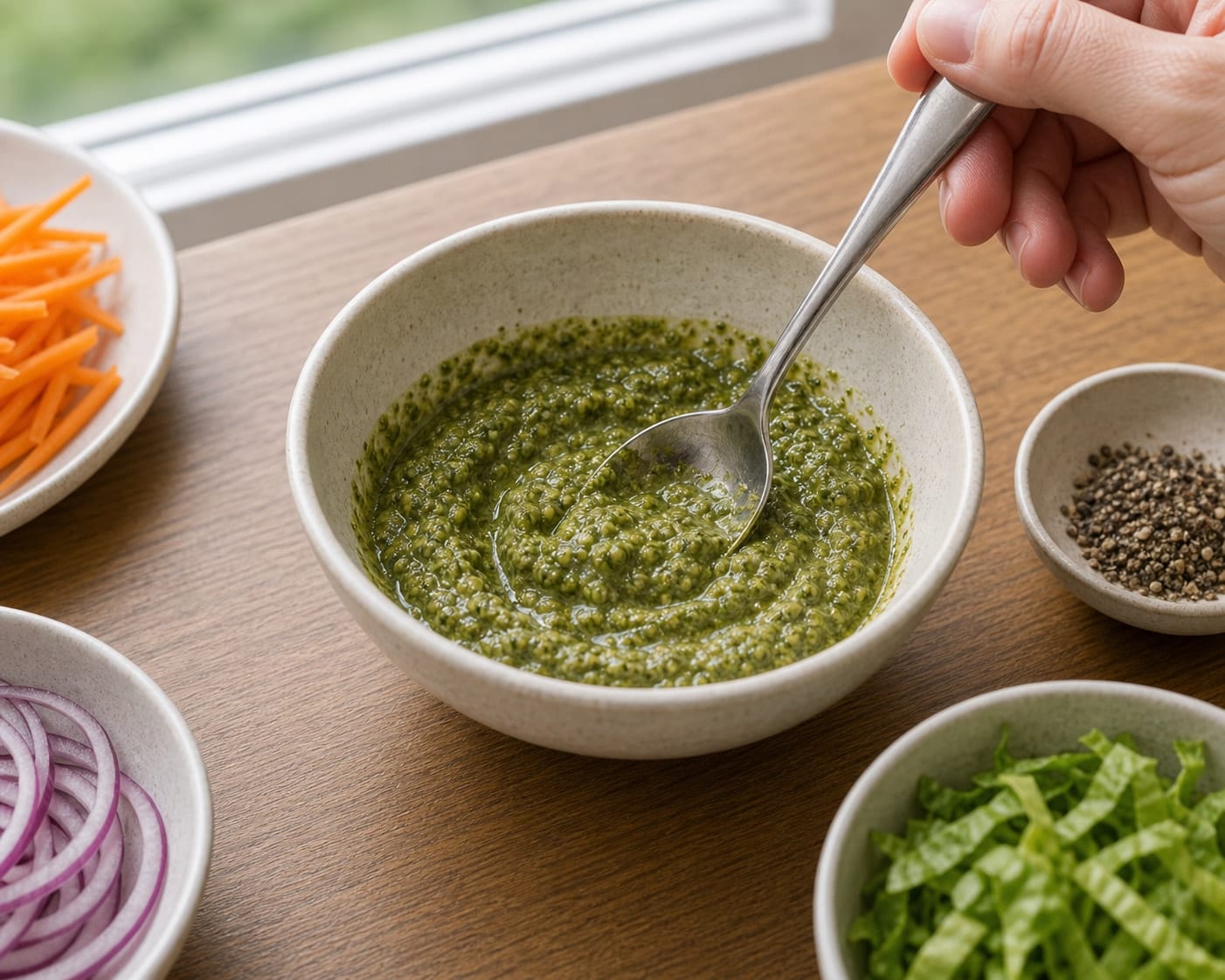 Herby Chicken Carrot Wraps with Pesto cooking step 3: Make the dressing.
