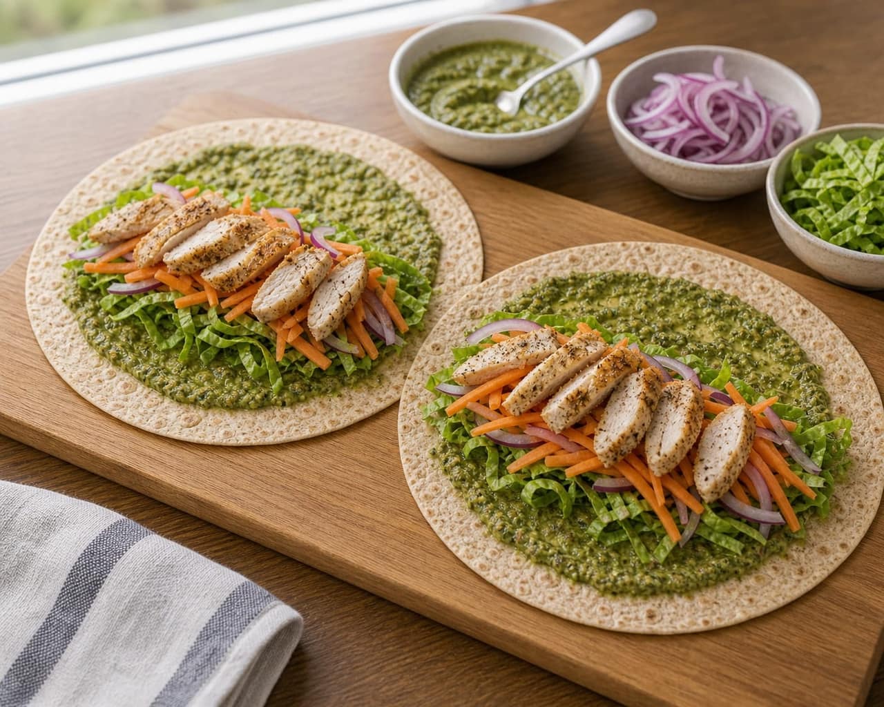 Herby Chicken Carrot Wraps with Pesto cooking step 4: Fill the wraps.