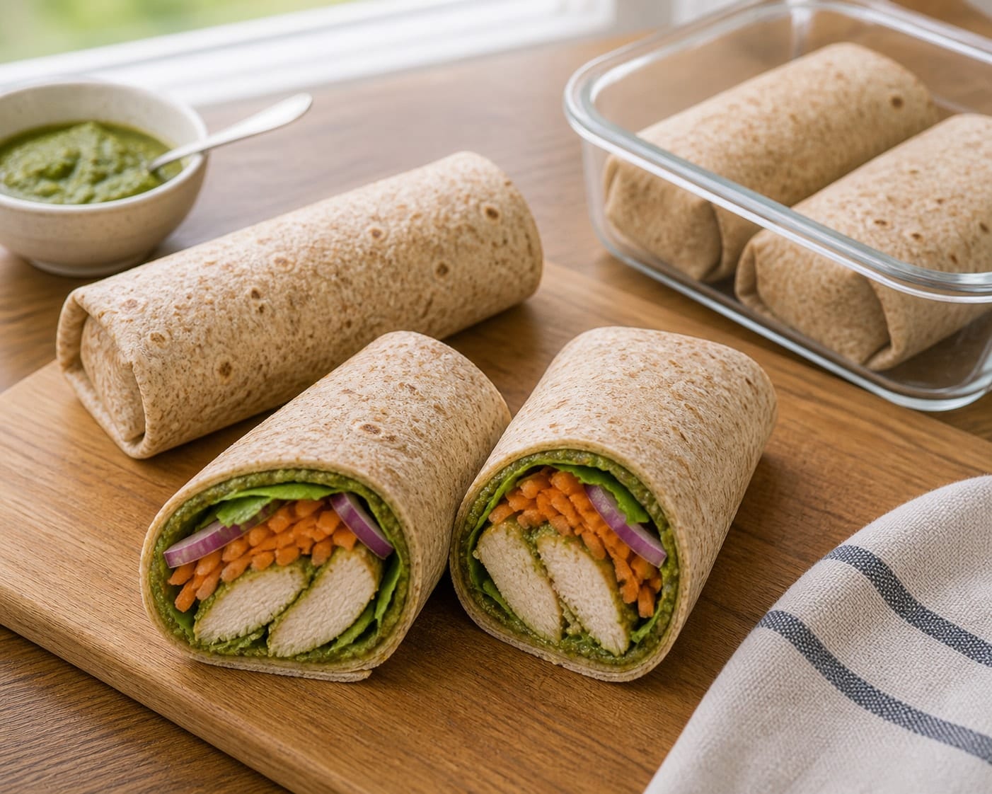 Herby Chicken Carrot Wraps with Pesto cooking step 5: Roll and pack.
