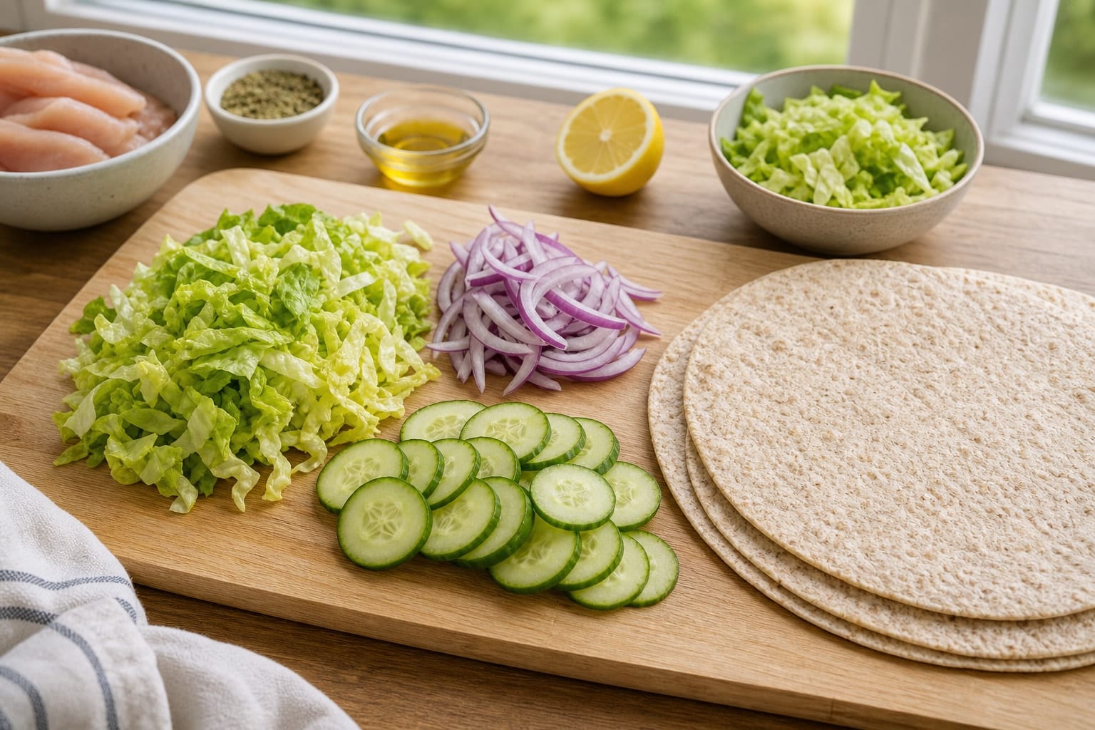 Zesty Chicken Cucumber Wraps with Lemon cooking step 1: Prepare the vegetables.
