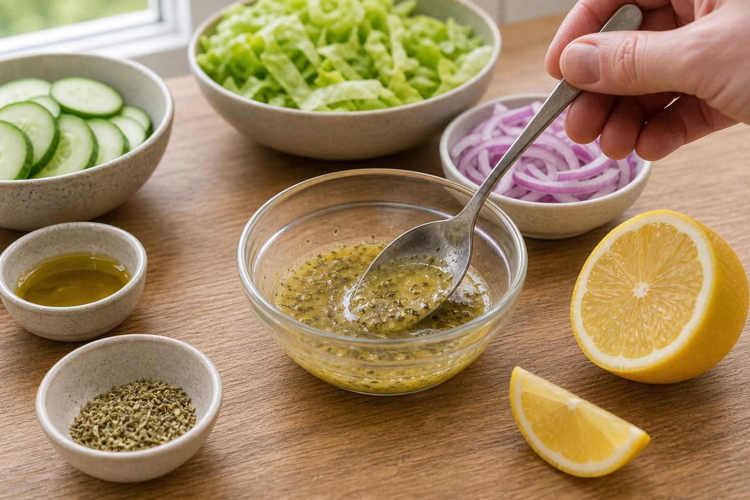 Zesty Chicken Cucumber Wraps with Lemon cooking step 3: Make the dressing.