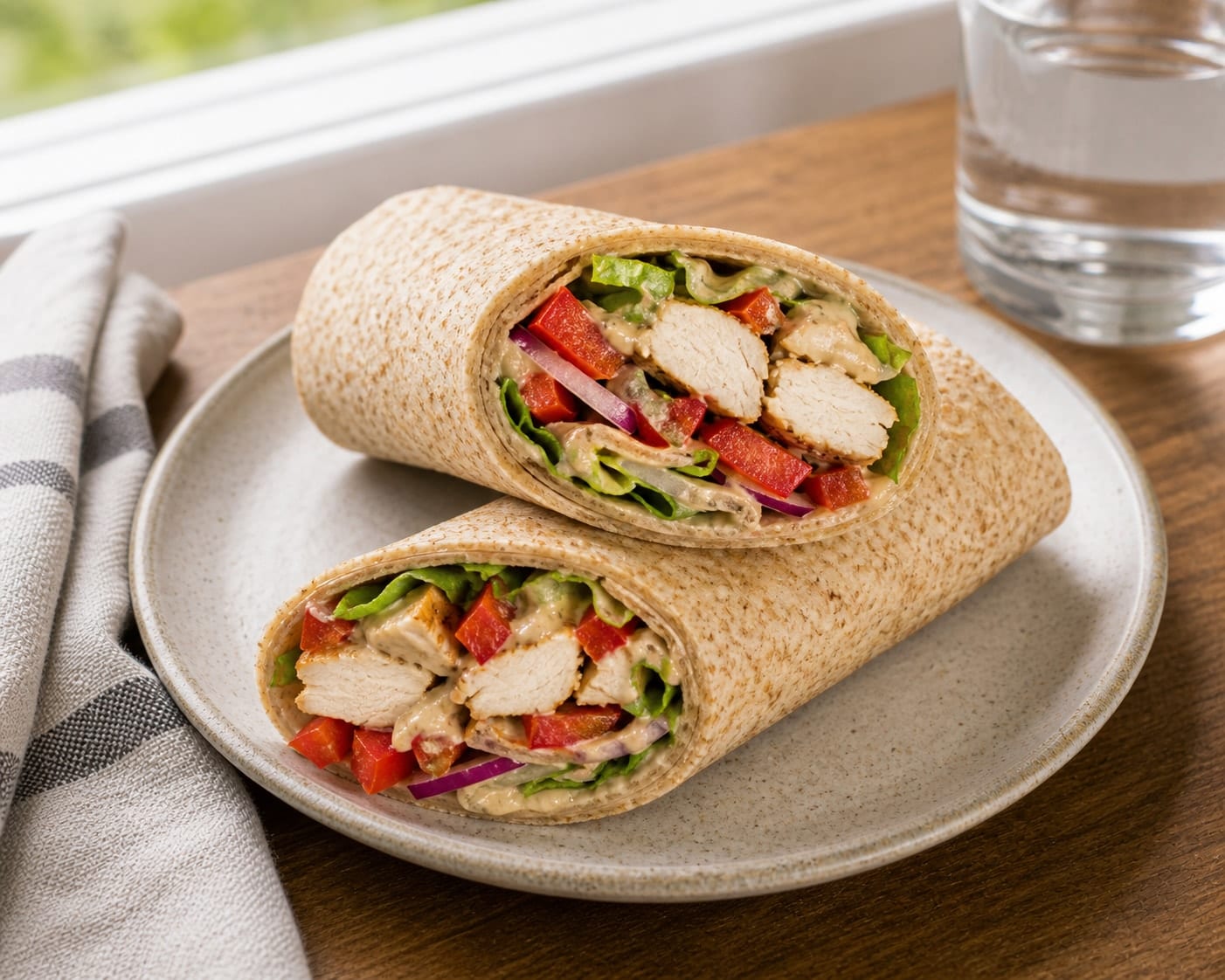 Fragrant Chicken Pepper Tahini Wraps with Cumin plated and ready to serve.