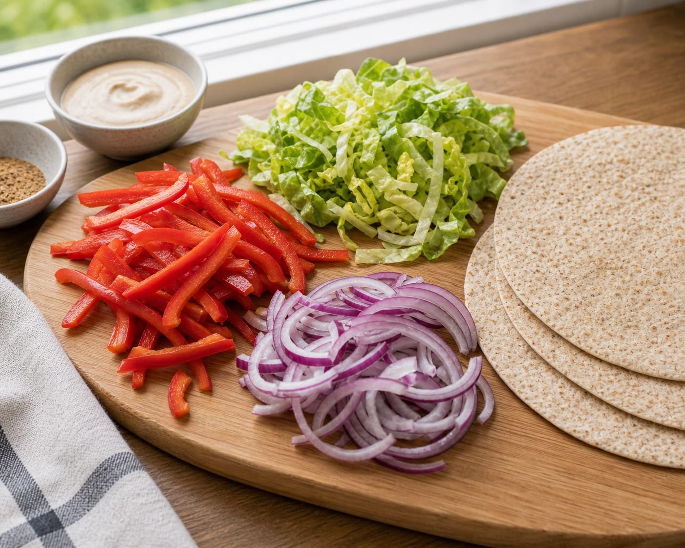 Fragrant Chicken Pepper Tahini Wraps with Cumin cooking step 1: Prepare the vegetables.