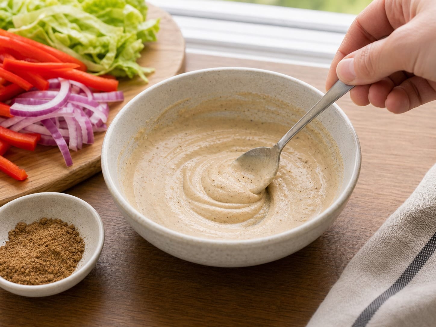 Fragrant Chicken Pepper Tahini Wraps with Cumin cooking step 3: Make the dressing.