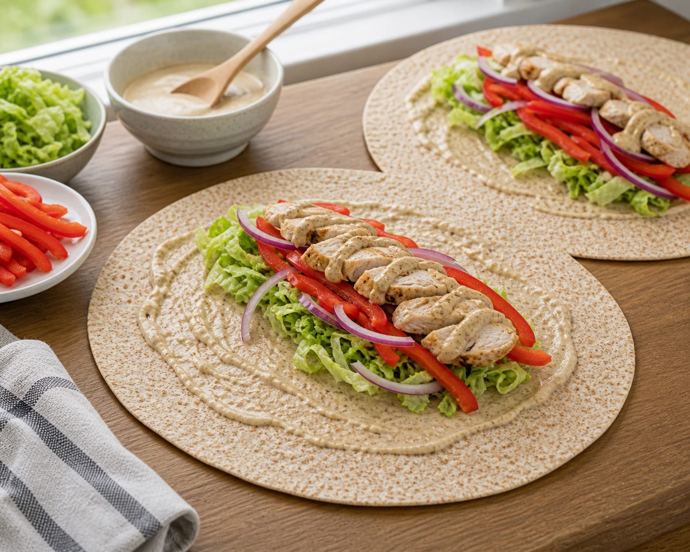 Fragrant Chicken Pepper Tahini Wraps with Cumin cooking step 4: Fill the wraps.