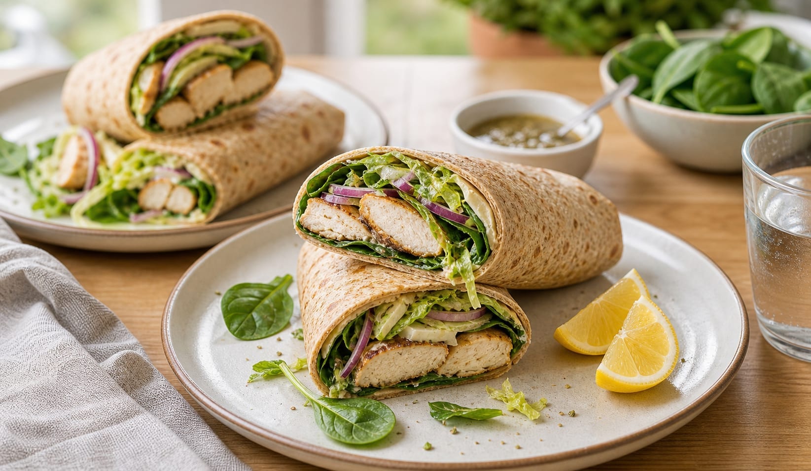 Chicken Spinach Lemon Wraps plated and ready to serve.