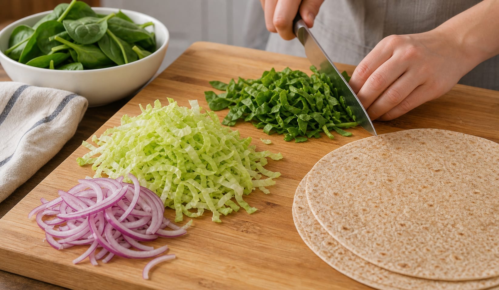 Chicken Spinach Lemon Wraps cooking step 1: Prepare the vegetables.