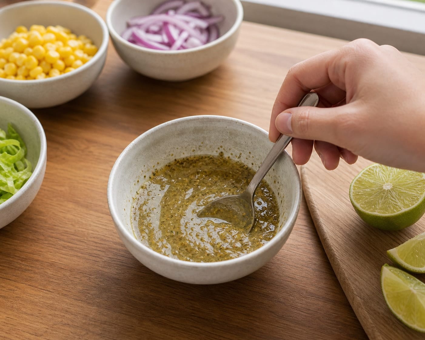 Zesty Chicken Sweetcorn Lime Wraps with Coriander cooking step 3: Make the dressing.