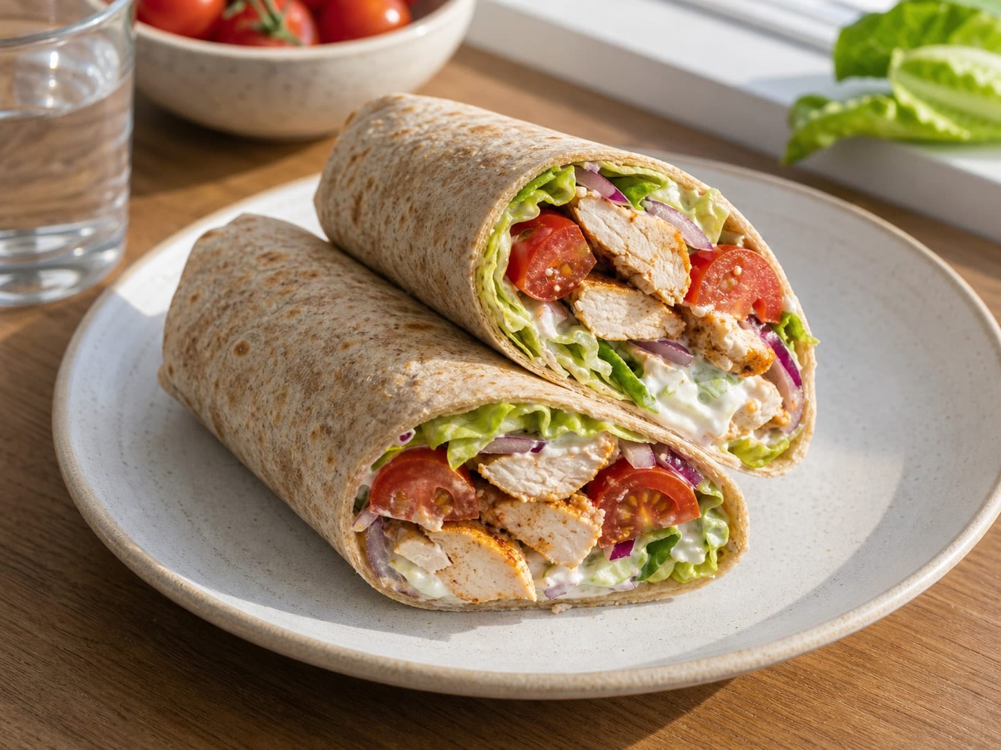 Smoky Chicken Tomato Yoghurt Wraps with Cherry Tomatoes plated and ready to serve.