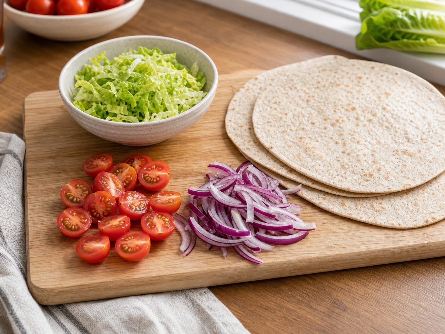 Smoky Chicken Tomato Yoghurt Wraps with Cherry Tomatoes cooking step 1: Prepare the vegetables.