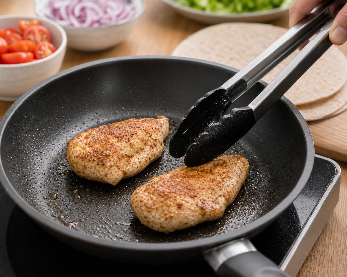 Smoky Chicken Tomato Yoghurt Wraps with Cherry Tomatoes cooking step 2: Cook the protein.